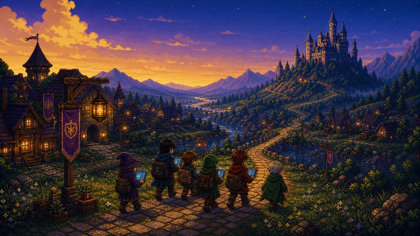 ギルドの仲間が夕暮れの道を進み、遠くの城を目指しているピクセルアート