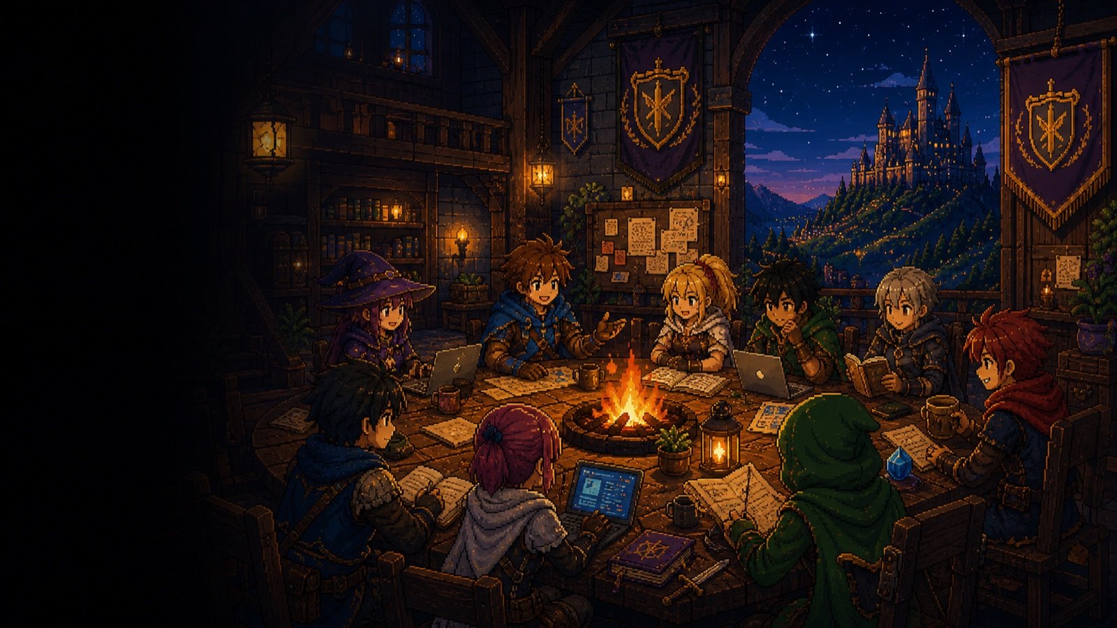 夜のギルド酒場で仲間が円卓を囲み、AI活用や制作について話し合っているピクセルアート