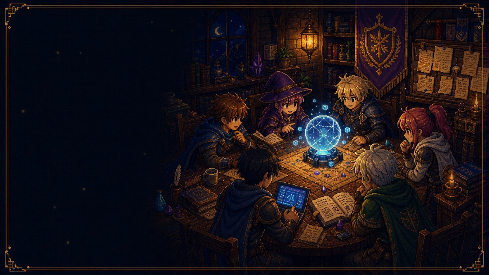 夜のギルド作戦室で仲間たちが魔法の水晶と書物を囲み、学びと実践について話し合っているピクセルアート